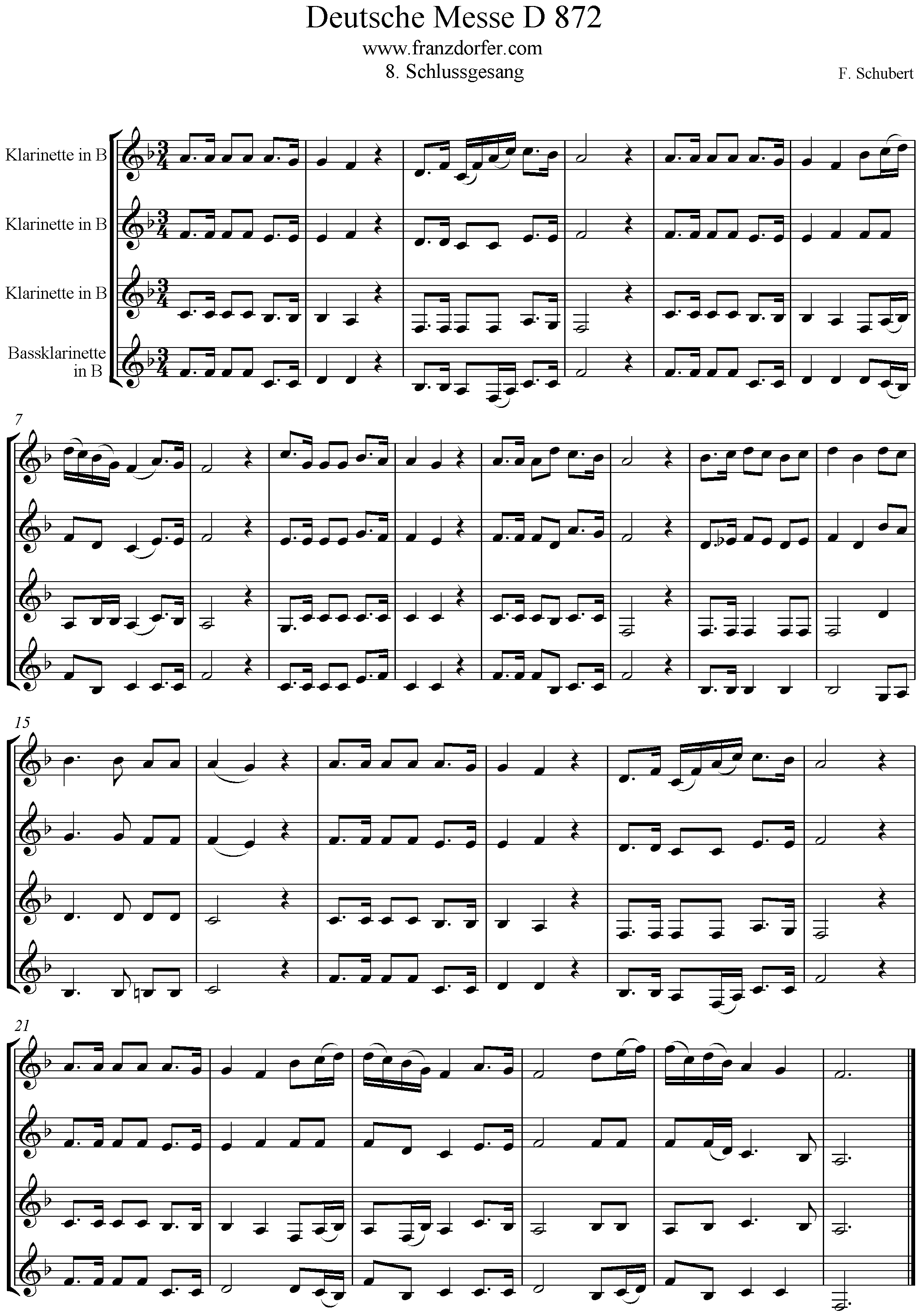 Noten Klarinettenquartett Schlussgesang Deutsche messe